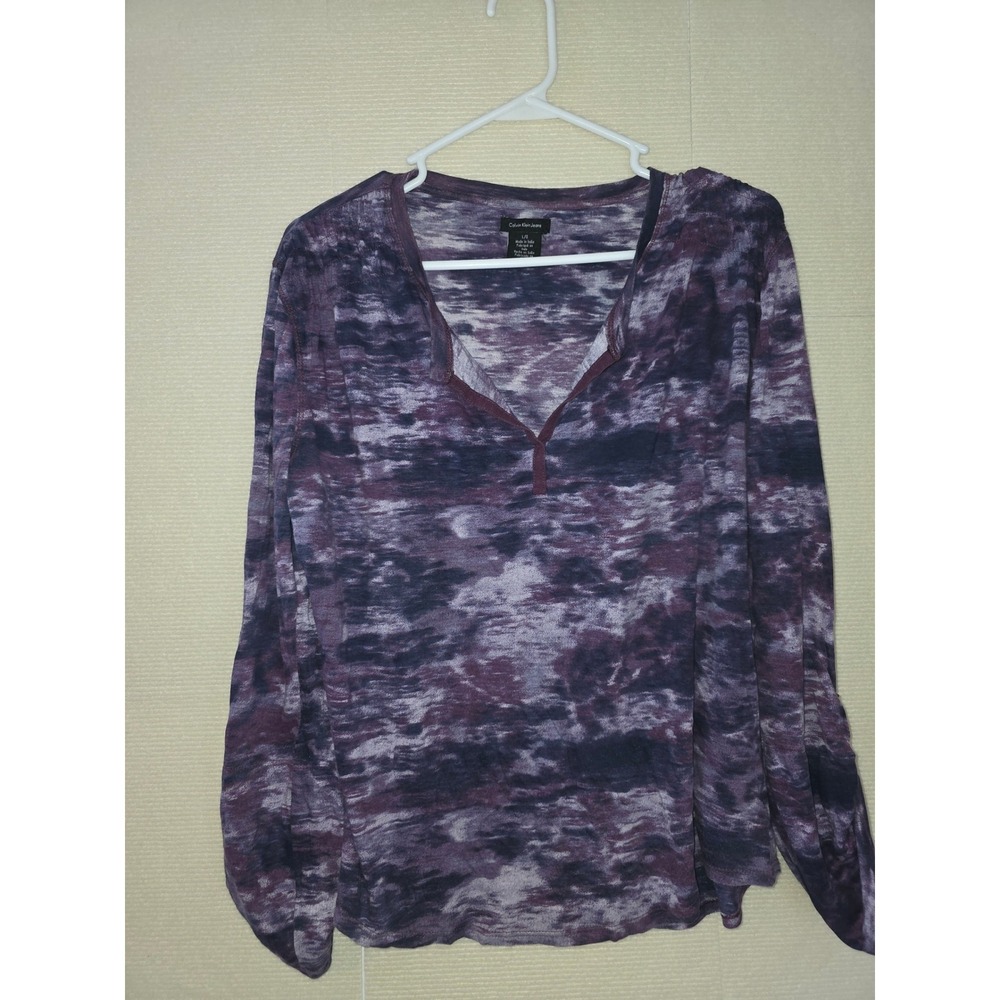 Calvin Klein Jeans Womens Large Purple Abstract Marble Split Neck Long SleeveTop